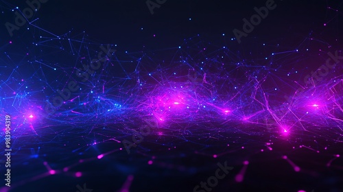 Abstract digital landscape with vibrant pink and blue lights representing network connections and technology advancement.