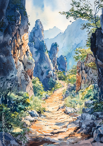 Watercolor Mountain Path Landscape photo