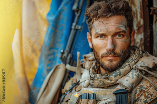 Close-up of a Soldier with Camouflage Face Paint