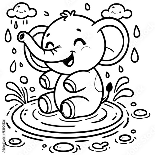 Adorable Baby Elephant Joyfully Splashing in a Puddle with Raindrops and Smiling Clouds Coloring Page Illustration