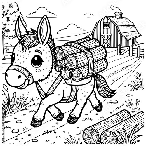 Cheerful Donkey Carrying Logs on Farm Path Illustration for Kids Coloring Activity