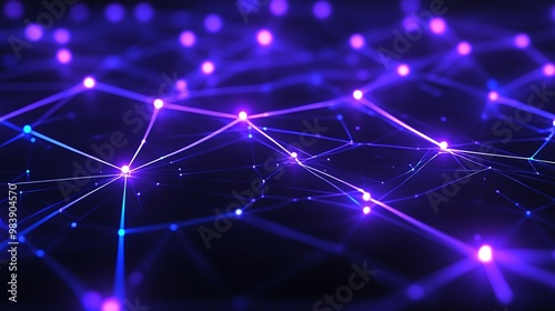 Abstract digital network background with illuminated nodes and lines in vibrant purple tones, showcasing connectivity and technology.