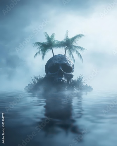 Haunted pirate island, cursed gold buried deep, eerie mist, 3D illustration, Generative AI