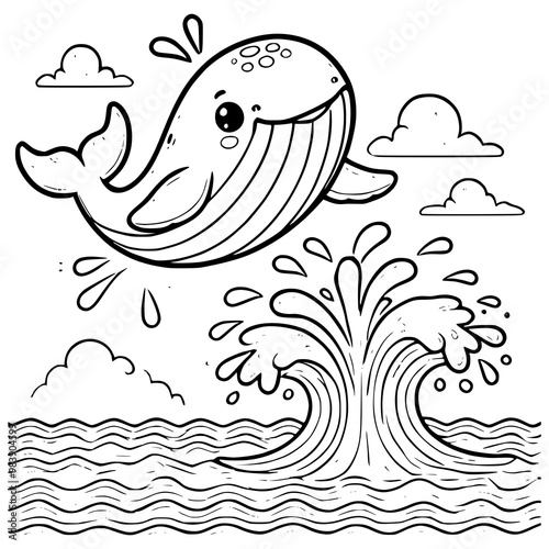 Adorable Cartoon Whale Joyfully Leaping Out of the Ocean Waves with Splashing Water Black and White Illustration for Kids Coloring Fun