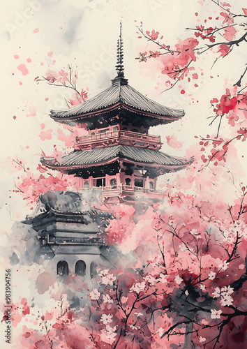 Japanese Temple Cherry Blossoms Watercolor photo