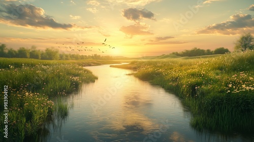 A calm river flows through a vibrant plain at sunset, with birds soaring and gentle hills nearby. photo