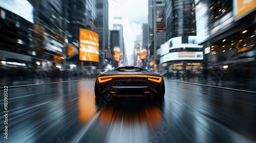 City Lights, High-Speed Dreams: A sleek black sports car streaks through the rain-slicked streets of New York City, blurring into a kaleidoscope of lights and motion. 