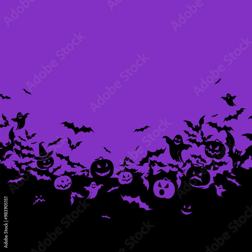 Halloween banner with black bats, pumpkins and ghosts on the purple background. Illustration with text.

