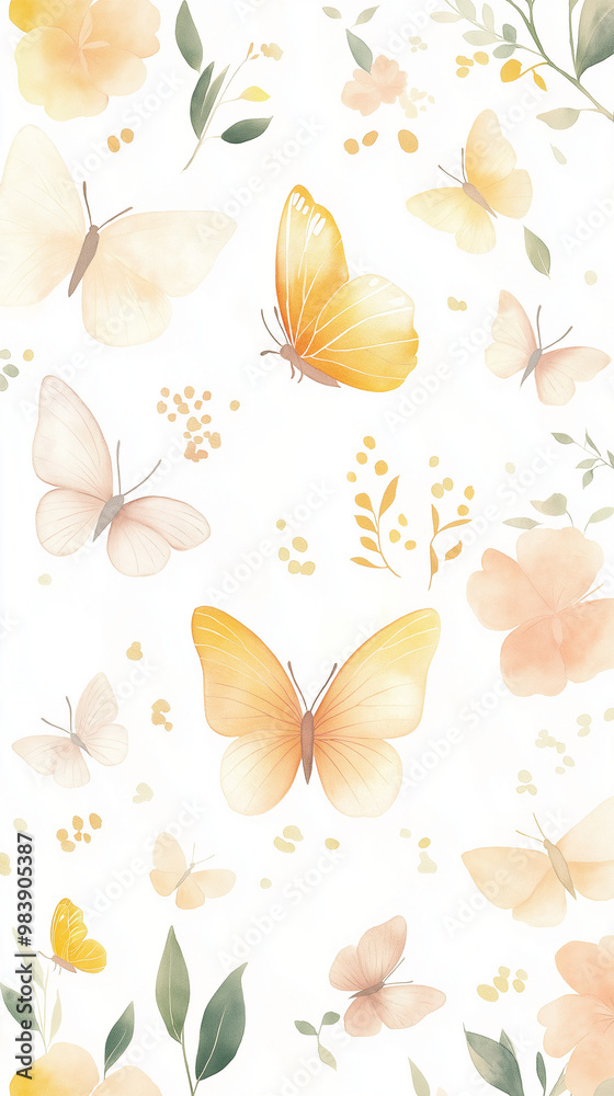 Fototapeta premium Delicate Watercolor Butterflies and Flowers on Off-White