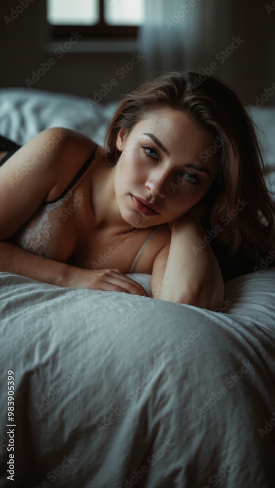 Woman lounging on bed in soft light Woman lounging on bed in soft light