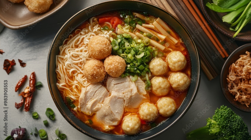 Delicious chicken ramen bowl with fresh vegetables and spicy broth Delicious chicken ramen bowl with fresh vegetables and spicy broth