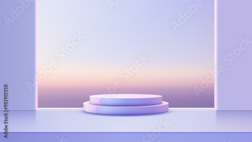 Minimalist 3D Purple Podium with Blue Sky Background for Modern Product Display or Presentation, Ideal for Mockup, Showroom, or Showcase