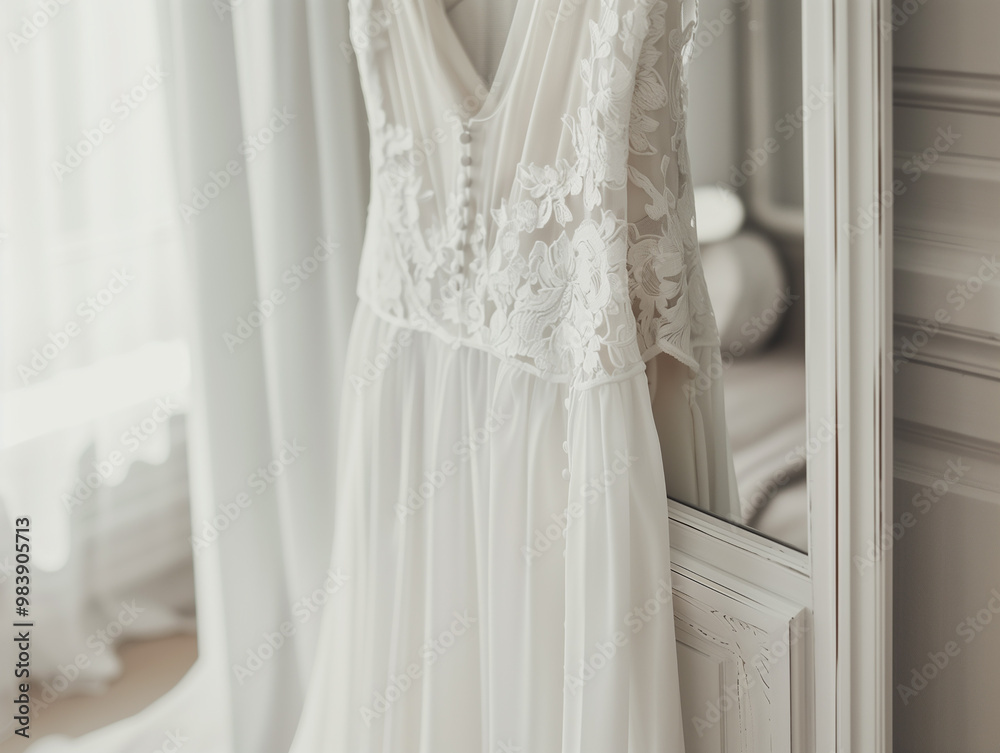 A flowing white wedding dress hanging near a window, perfect for showcasing bridal fashion and accessories. A flowing white wedding dress hanging near a window, perfect for showcasing bridal fashion and accessories.