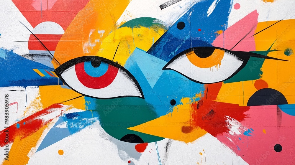 Fototapeta premium Abstract Eyes: A vibrant and captivating abstract painting, featuring two large, expressive eyes set against a colorful backdrop of geometric shapes and bold strokes.