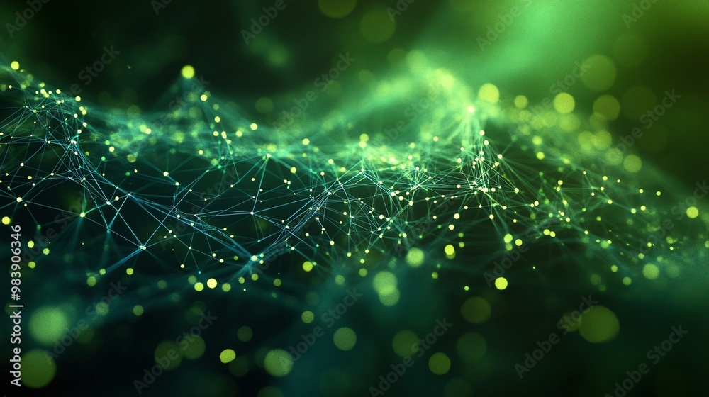 Abstract green network of glowing lights and particles, representing digital technology and connectivity in a creative design. Abstract green network of glowing lights and particles, representing digital technology and connectivity in a creative design.