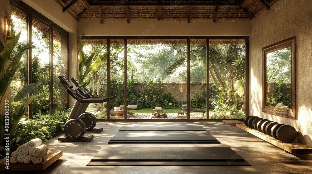 Tropical Gym Interior with Treadmills Yoga Mats and Natural Light Tropical Gym Interior with Treadmills Yoga Mats and Natural Light