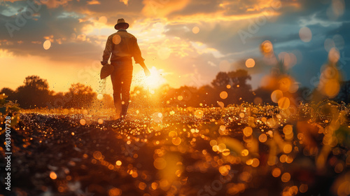 Elderly Farmer Planting Seeds at Sunrise