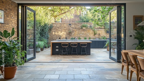The stylish kitchen diner has bifold doors that open to reveal a patio made of Indian sandstone.  Plants flourish outside in spring and summer.