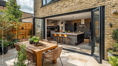 The stylish kitchen diner has bifold doors that open to reveal a patio made of Indian sandstone.  Plants flourish outside in spring and summer.
