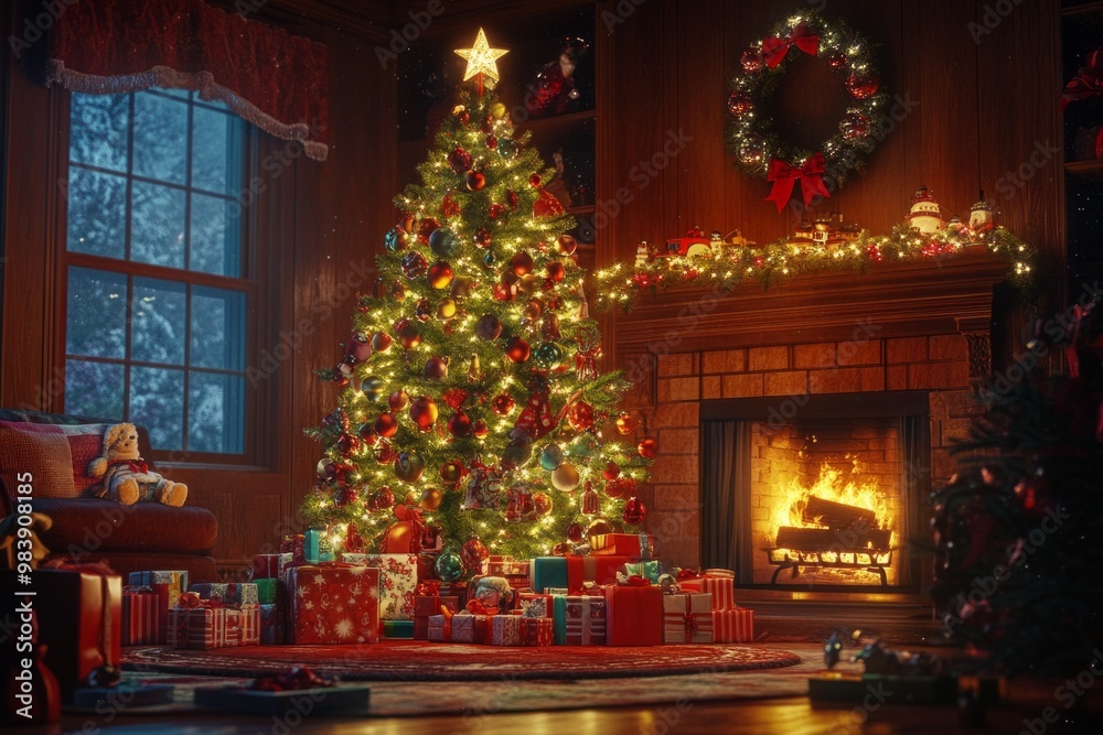 A cozy Christmas scene with a beautifully decorated tree. Warm lights twinkle in the room. Presents are wrapped and ready. Enjoy the holiday spirit. Generative AI A cozy Christmas scene with a beautifully decorated tree. Warm lights twinkle in the room. Presents are wrapped and ready. Enjoy the holiday spirit. Generative AI