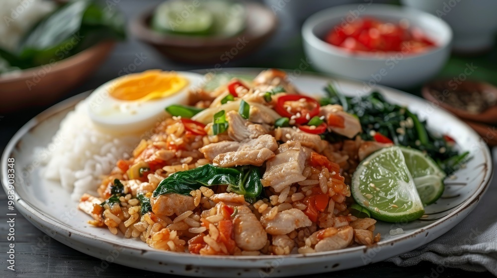 Nasi Goreng - Indonesian Chicken Fried Rice on white plate. Nasi Goreng is an Indonesian cuisine dish. Nasi Goreng - Indonesian Chicken Fried Rice on white plate. Nasi Goreng is an Indonesian cuisine dish.