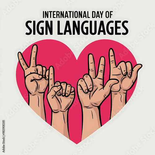 Vector illustration for International Day of Sign Languages featuring various hand signs in front of a heart-shaped background promoting love unity and communication for the deaf community and sign la