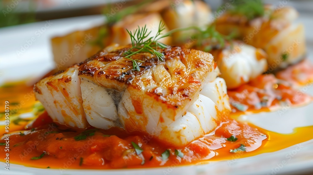 Seafood filets with tomato sauce in close proximity Seafood filets with tomato sauce in close proximity