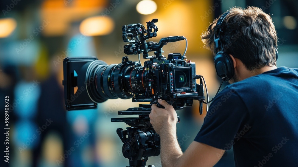 A Cameraman Films a Scene in a Bustling City A Cameraman Films a Scene in a Bustling City
