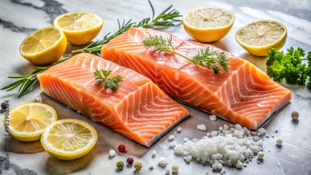 A tantalizing still life of raw salmon fillets, arranged artfully on a marble countertop, their rich, coral-pink flesh gleaming with moisture, accompanied by a few fresh lemon slices A tantalizing still life of raw salmon fillets, arranged artfully on a marble countertop, their rich, coral-pink flesh gleaming with moisture, accompanied by a few fresh lemon slices