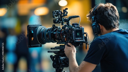 A Cameraman Films a Scene in a Bustling City