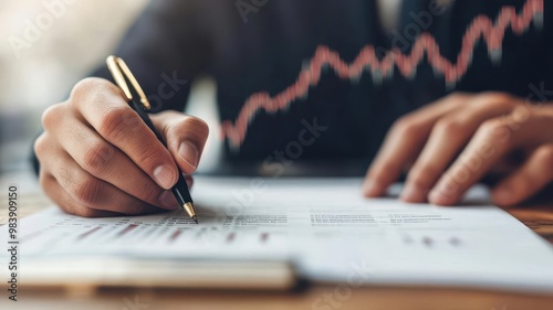 Hands writing on financial documents, upward stock chart in background, rich textures and realistic detail, investment success, booming market