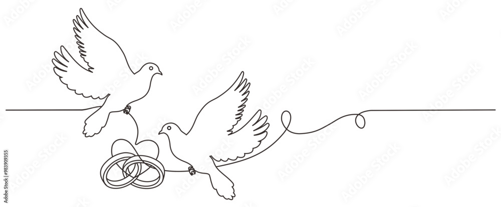 Dove and pair of rings with hearts line art vector illustration. Dove and pair of rings with hearts in simple linear style. Valentine's Day. Dove and pair of rings with hearts line art vector illustration. Dove and pair of rings with hearts in simple linear style. Valentine's Day.