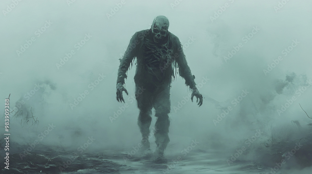 A zombie with a shattered skull, wandering aimlessly through a fog-covered battlefield. A zombie with a shattered skull, wandering aimlessly through a fog-covered battlefield.