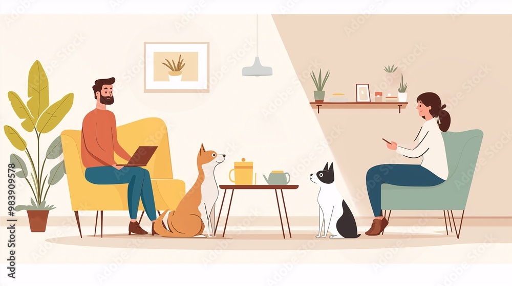 Fototapeta premium Couple Relaxing at Home with Dogs - Illustration