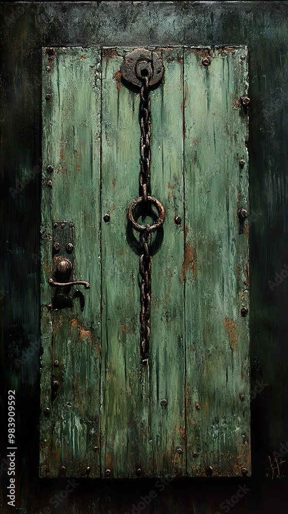 Green Wooden Door with Rusty Chain and Lock Green Wooden Door with Rusty Chain and Lock