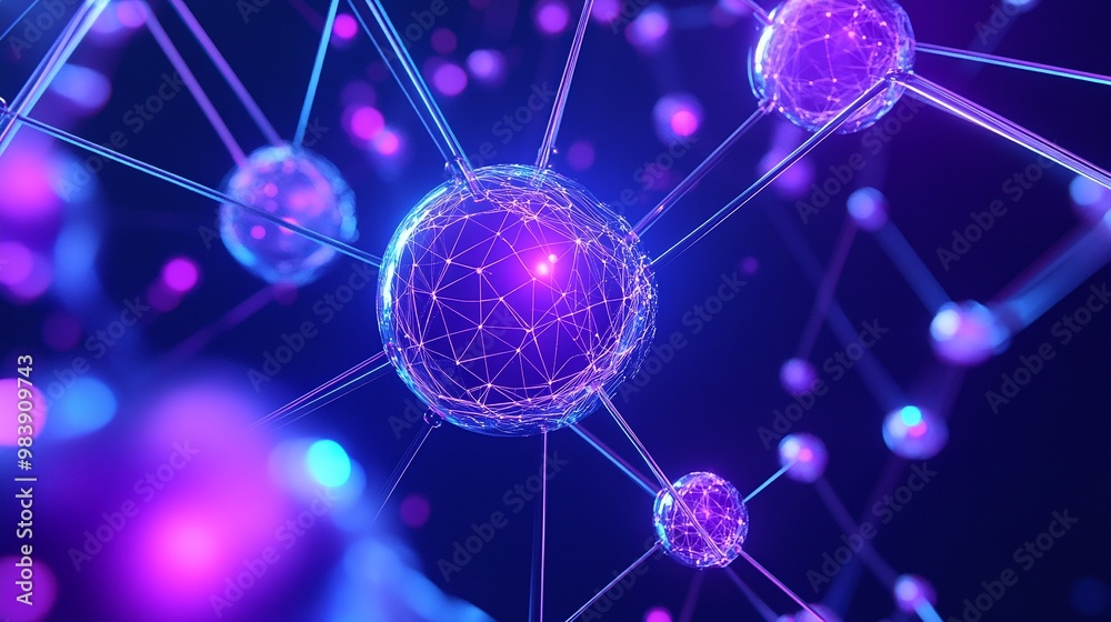 Abstract representation of molecular structures with glowing connections, showcasing technology and innovation in a digital universe. Abstract representation of molecular structures with glowing connections, showcasing technology and innovation in a digital universe.