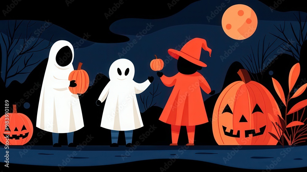A colorful Halloween scene featuring kids in ghost costumes and a witch, holding pumpkins under a full moon. A colorful Halloween scene featuring kids in ghost costumes and a witch, holding pumpkins under a full moon.