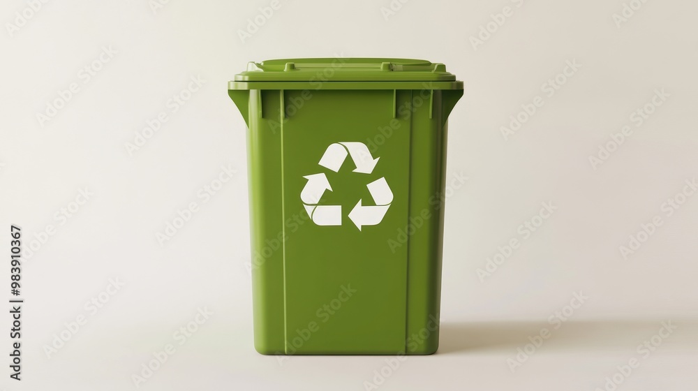 Green plastic recycle bin eco banner with copy space isolated on background, Recycling bin isolated on flat pale green background , eco trash can with copy space