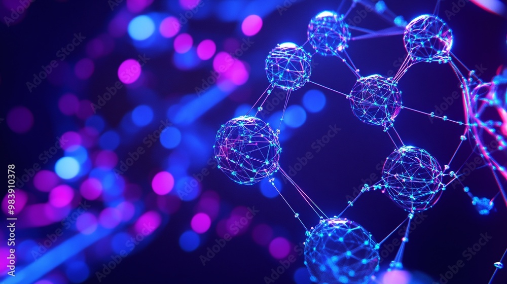 Abstract view of interconnected molecules in vivid colors, showcasing the beauty of science and technology.