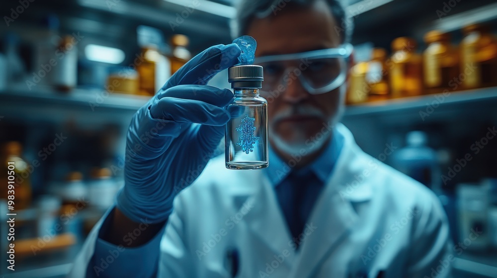Scientist examining a vial in a laboratory setting. Scientist examining a vial in a laboratory setting.