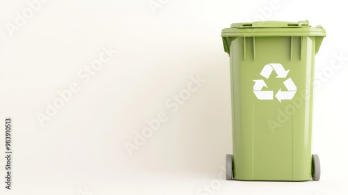 Green plastic recycle bin eco banner with copy space isolated on background, Recycling bin isolated on flat pale green background , eco trash can with copy space