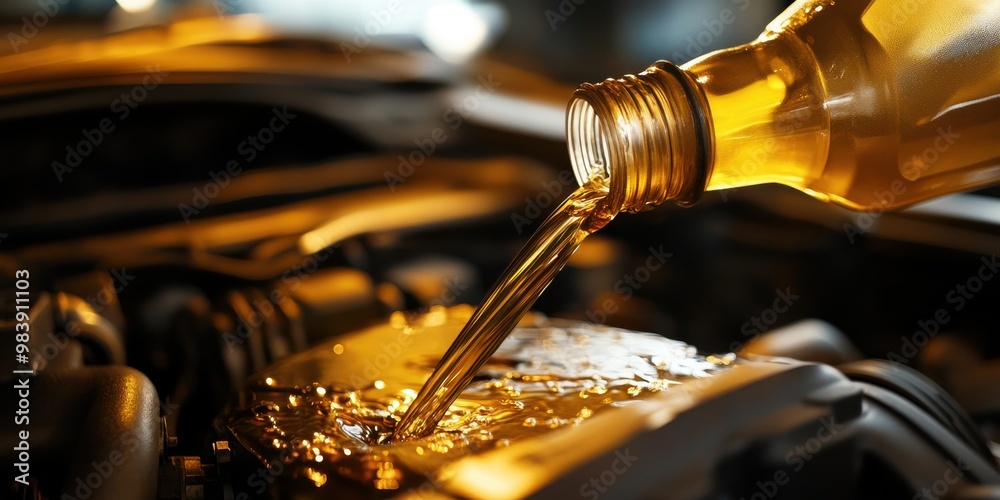 A close-up image of golden engine oil being poured from a bottle into a car engine A close-up image of golden engine oil being poured from a bottle into a car engine