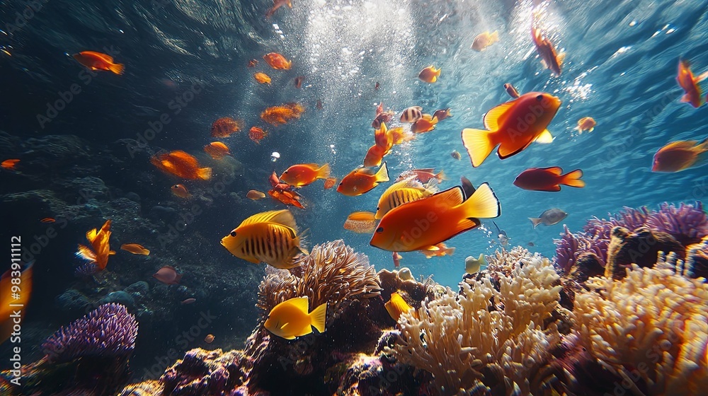Vibrant Coral Reef with School of Orange Fish Vibrant Coral Reef with School of Orange Fish