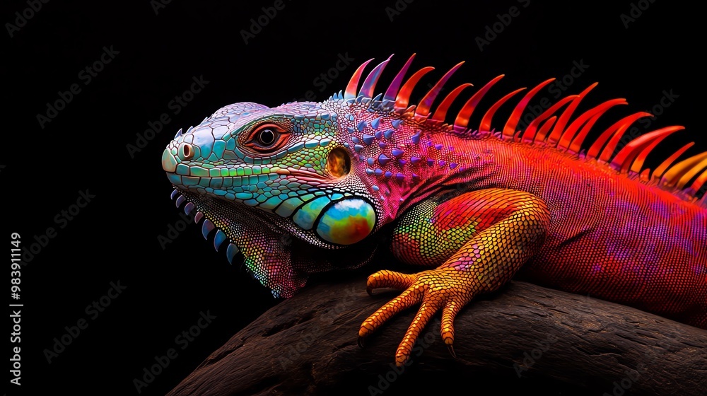 Obraz premium Vibrant iguana featuring stunning colors and intricate patterns, perched gracefully on a branch against a dark backdrop.