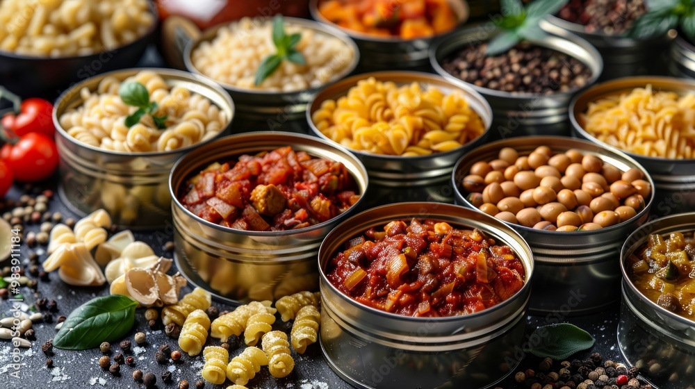 Open tin cans with different food on table Open tin cans with different food on table