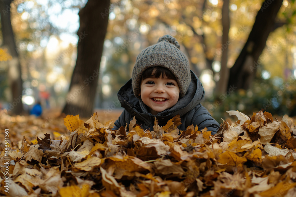 Smiling child playing in a pile of colorful fall leaves in a park, capturing the joy and warmth of an autumn day outdoors Smiling child playing in a pile of colorful fall leaves in a park, capturing the joy and warmth of an autumn day outdoors