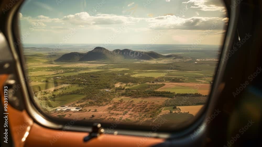 Soaring above farmland and mountains from a private plane window on a sunny day, feeling freedom and adventure high in the sky Soaring above farmland and mountains from a private plane window on a sunny day, feeling freedom and adventure high in the sky