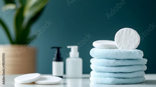 stack of soft cotton pads arranged neatly next to skincare products photo