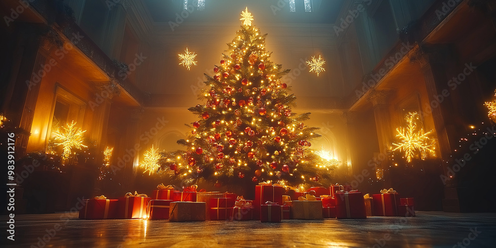 Obraz premium huge Christmas tree with bright lights and a presents and New Year Winter fairytale background