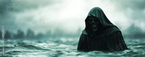 A mysterious figure emerges from the misty waters, cloaked in darkness, evoking themes of shadows and the unknown.